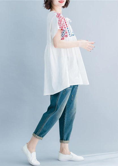 O Neck Embroidery Cotton Linen Tops Silhouette White Midi Tops Summer