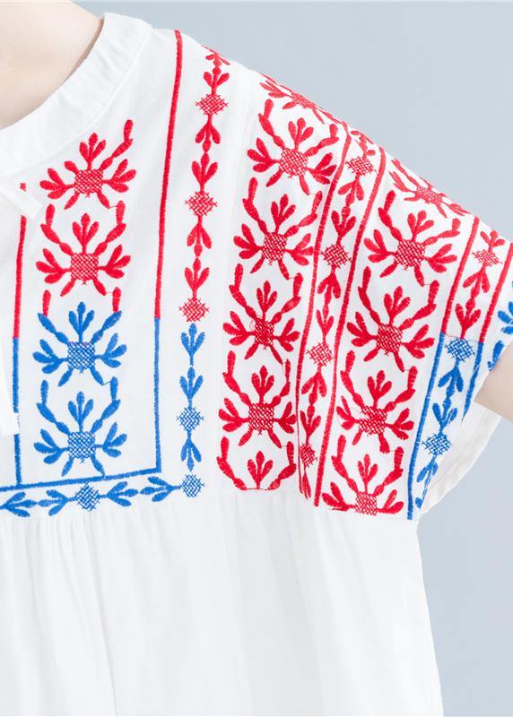 O Neck Embroidery Cotton Linen Tops Silhouette White Midi Tops Summer