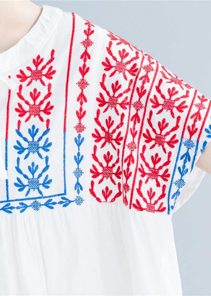 O Neck Embroidery Cotton Linen Tops Silhouette White Midi Tops Summer