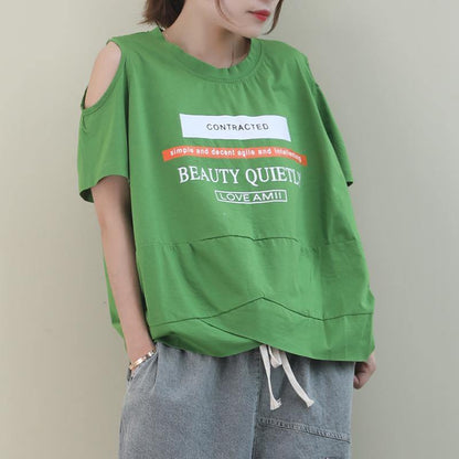 O Neck Off the Shoulder Cotton Blouse Design Green Print Tops