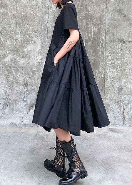 O Neck Cinched Cotton Summer Clothes for Shape Black Dress