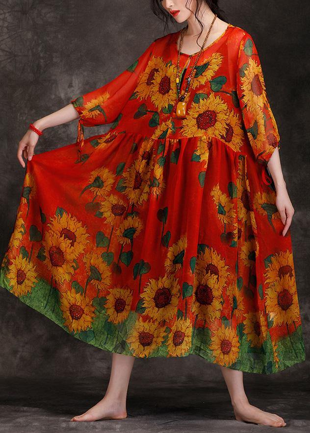 O Neck Cinched Chiffon Dress Pattern Red Print Dress Summer