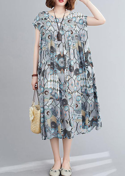 O Neck Cinched Summer Clothes Inspiration Blue Print Dresses