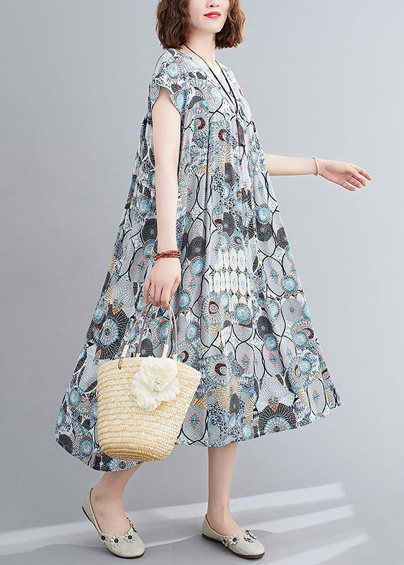 O Neck Cinched Summer Clothes Inspiration Blue Print Dresses