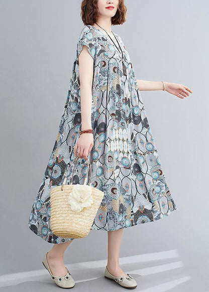 O Neck Cinched Summer Clothes Inspiration Blue Print Dresses