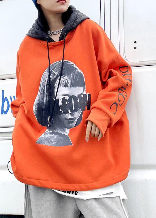 Orange Figure Printing Clothes for Tutorials Hooded Blouse