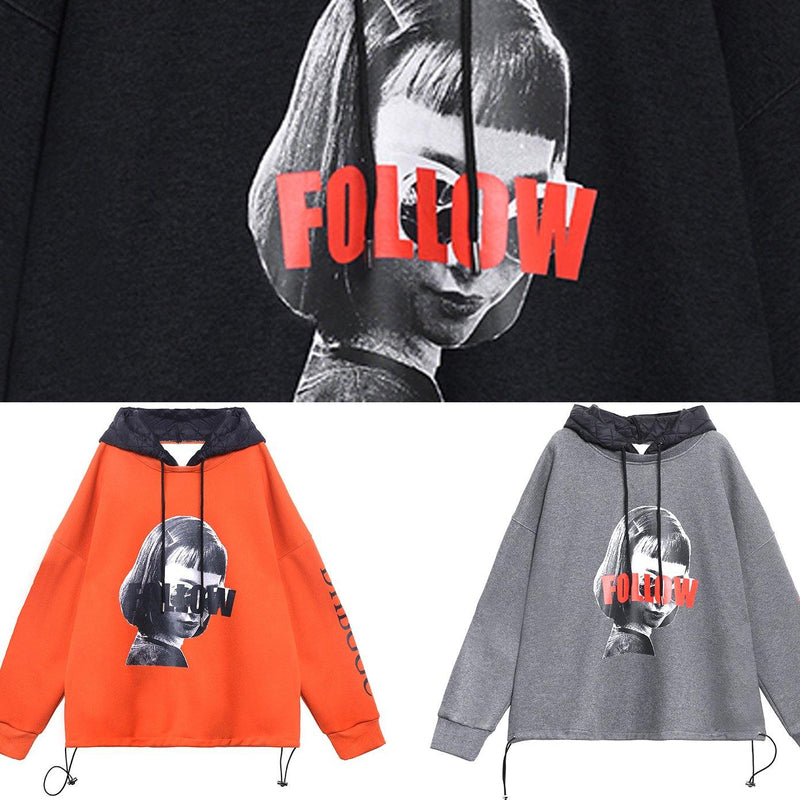 Orange Figure Printing Clothes for Tutorials Hooded Blouse