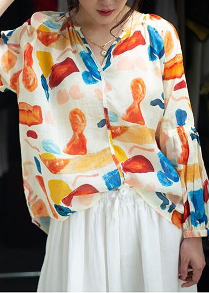 Orange Print Clothes V Neck Low High Design Summer Blouse