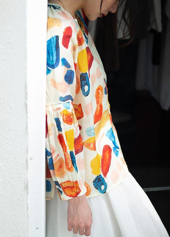 Beautiful orange print clothes v neck low high design summer blouse