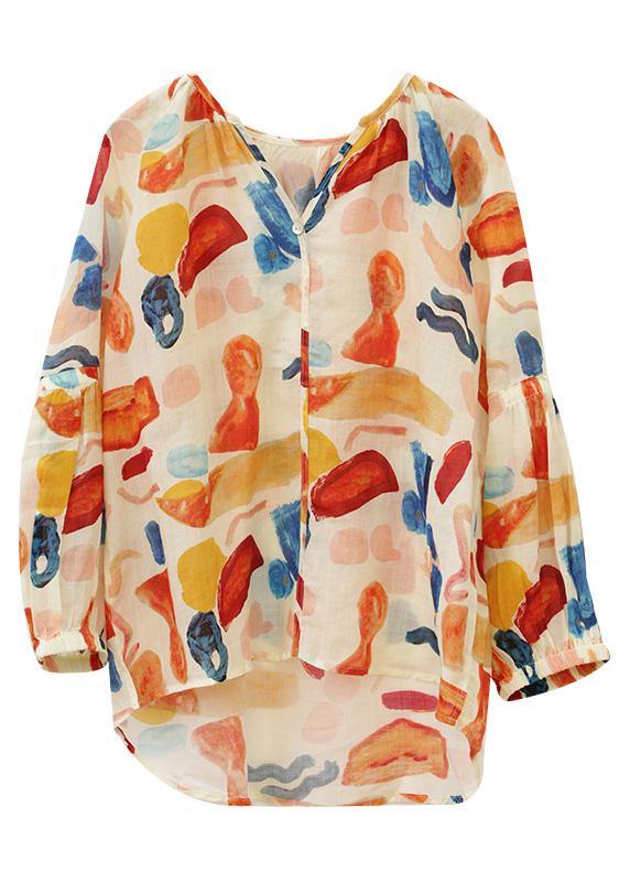 Orange Print Clothes V Neck Low High Design Summer Blouse