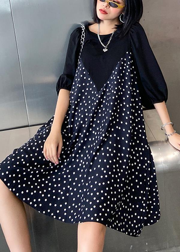 Patchwork Cotton Summer Dress Work Outfits Black Dotted Dress