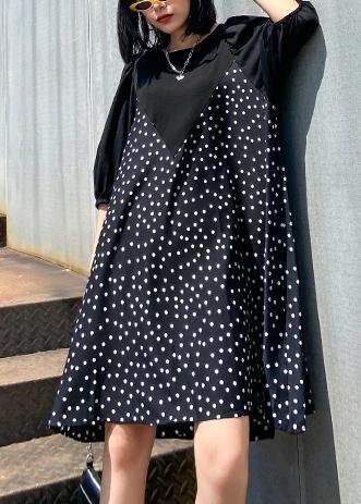 Patchwork Cotton Summer Dress Work Outfits Black Dotted Dress