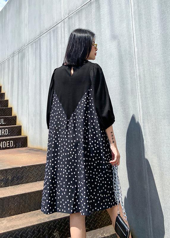 Patchwork Cotton Summer Dress Work Outfits Black Dotted Dress