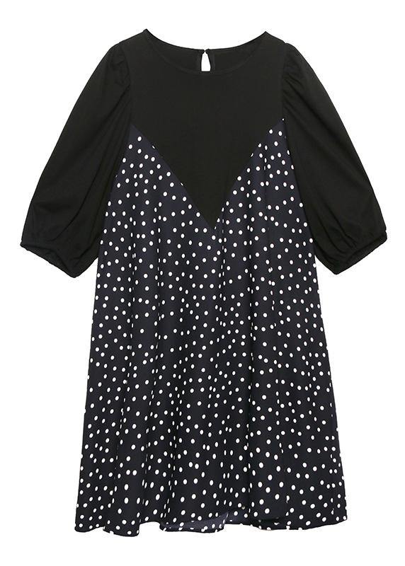 Patchwork Cotton Summer Dress Work Outfits Black Dotted Dress
