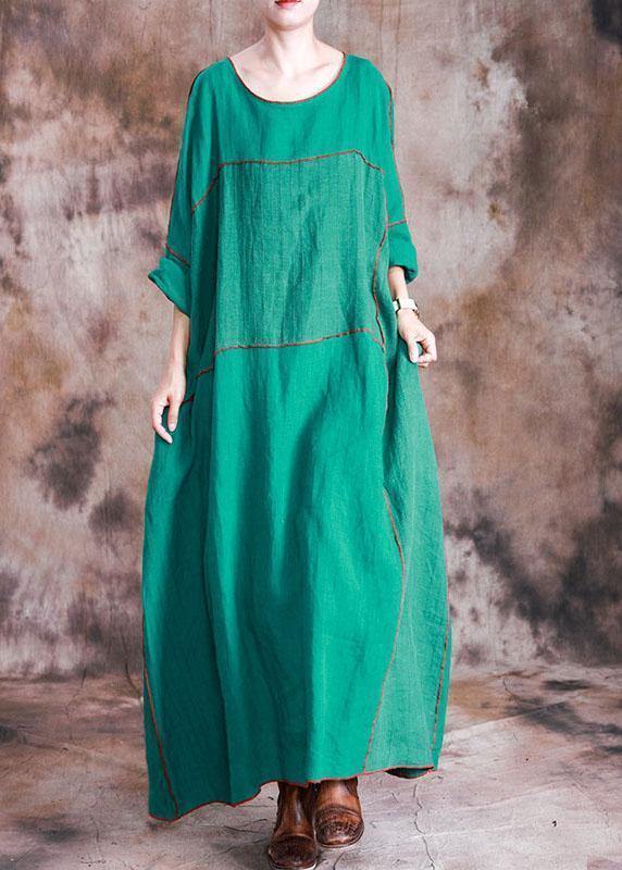 Patchwork Linen Dresses Shirts Green Batwing Sleeve Dresses Fall