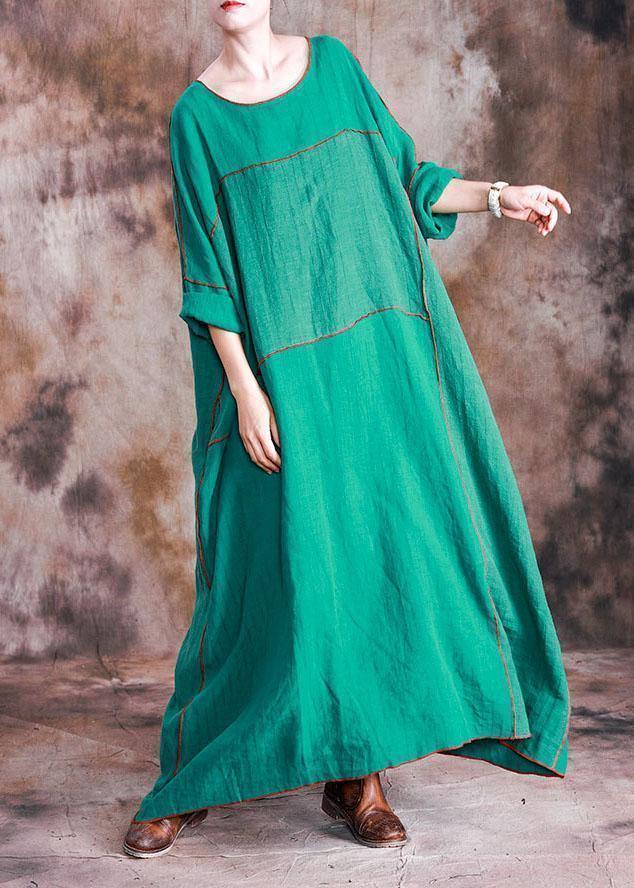 Patchwork Linen Dresses Shirts Green Batwing Sleeve Dresses Fall