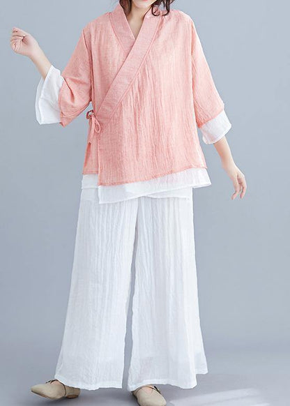 Pink Cotton Shirts Wardrobes V Neck Half Sleeve Summer Blouse