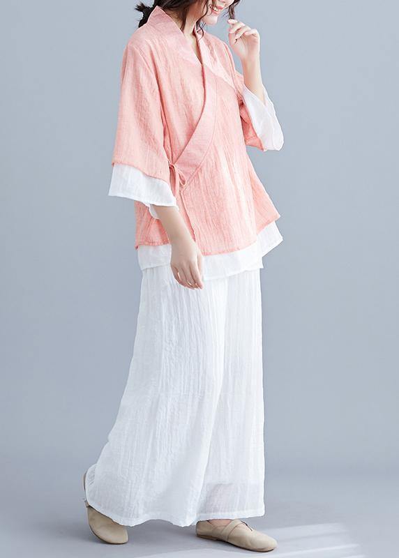 Pink Cotton Shirts Wardrobes V Neck Half Sleeve Summer Blouse