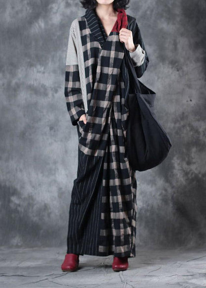 Plaid Patchwork Striped Linen Clothes Asymmetric Dresses V Neck Dresses