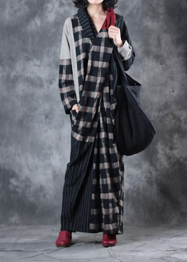 Plaid Patchwork Striped Linen Clothes Asymmetric Dresses V Neck Dresses
