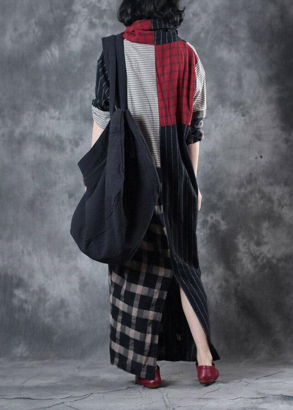 Plaid Patchwork Striped Linen Clothes Asymmetric Dresses V Neck Dresses