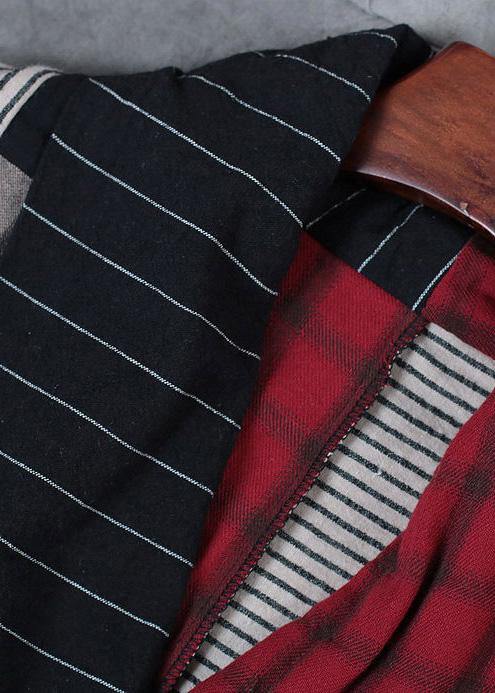 Plaid Patchwork Striped Linen Clothes Asymmetric Dresses V Neck Dresses