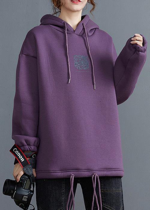 Purple Tunic Top Hooded Drawstring Blouses