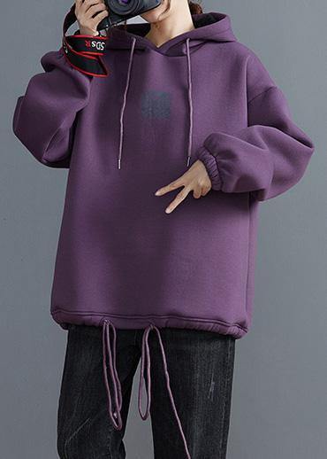 Beautiful purple tunic top hooded drawstring blouses