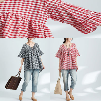 Red Plaid Linen Clothes for Ideas V Neck Butterfly Sleeve Blouses