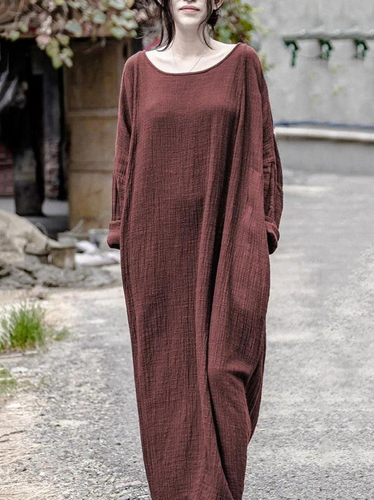 Red Linen Long Shirts O Neck Pockets Maxi Dresses