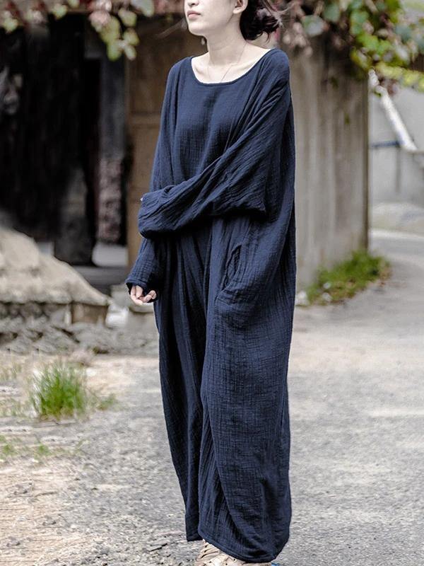 Red Linen Long Shirts O Neck Pockets Maxi Dresses