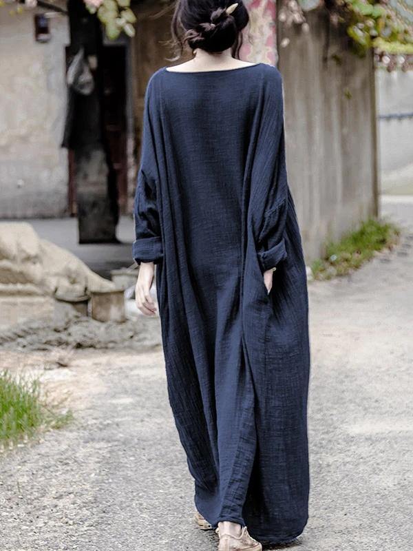 Red Linen Long Shirts O Neck Pockets Maxi Dresses
