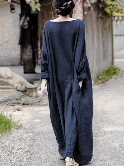 Red Linen Long Shirts O Neck Pockets Maxi Dresses