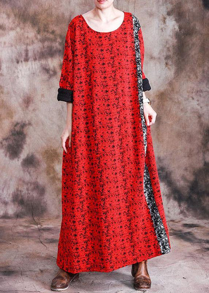 Red Print Cotton Quilting Dresses O Neck Long Sleeve Robes Fall Dresses