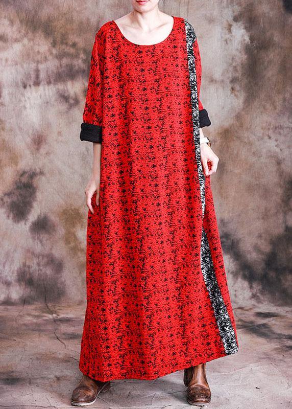 Red Print Cotton Quilting Dresses O Neck Long Sleeve Robes Fall Dresses