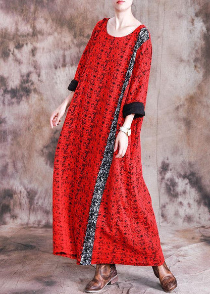 Red Print Cotton Quilting Dresses O Neck Long Sleeve Robes Fall Dresses