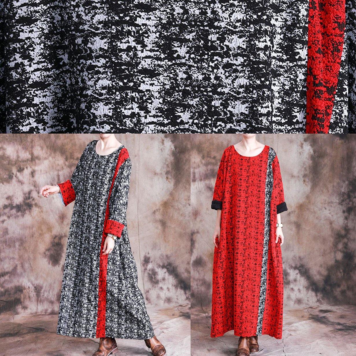 Red Print Cotton Quilting Dresses O Neck Long Sleeve Robes Fall Dresses
