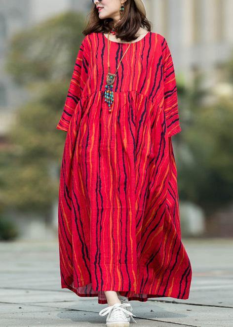 Red Striped Linen Cotton Robes O Neck Large Hem Traveling Summer Dresses