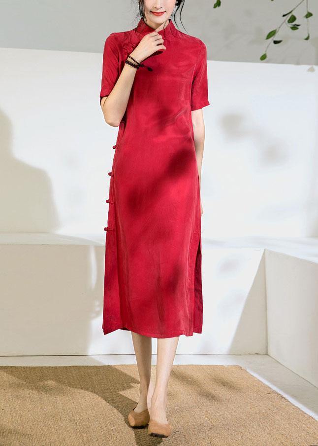 Red Tunics for Stand Collar Chinese Button Kaftan Summer Dress