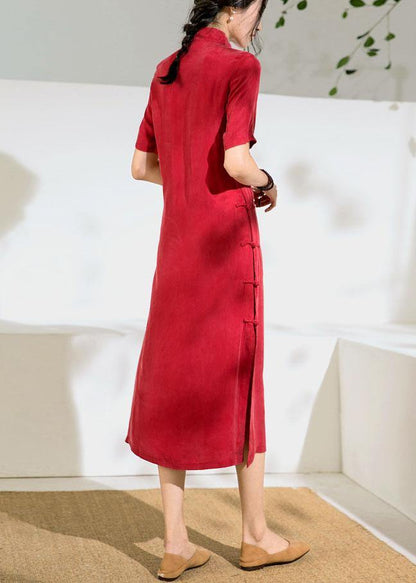 Red Tunics for Stand Collar Chinese Button Kaftan Summer Dress