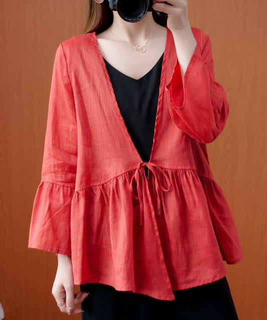 Red Tunics for V Neck Ruffles Loose Summer Blouses