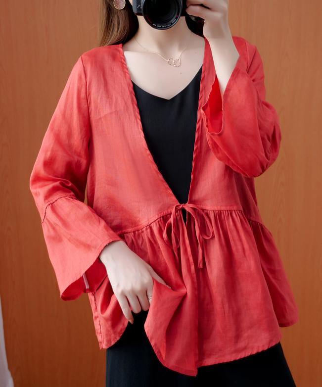 Red Tunics for V Neck Ruffles Loose Summer Blouses