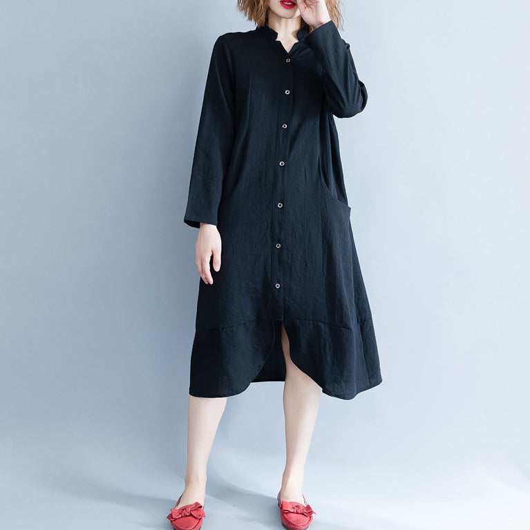 Stand Collar Cotton Tunics Wardrobes Black Oversized Dress