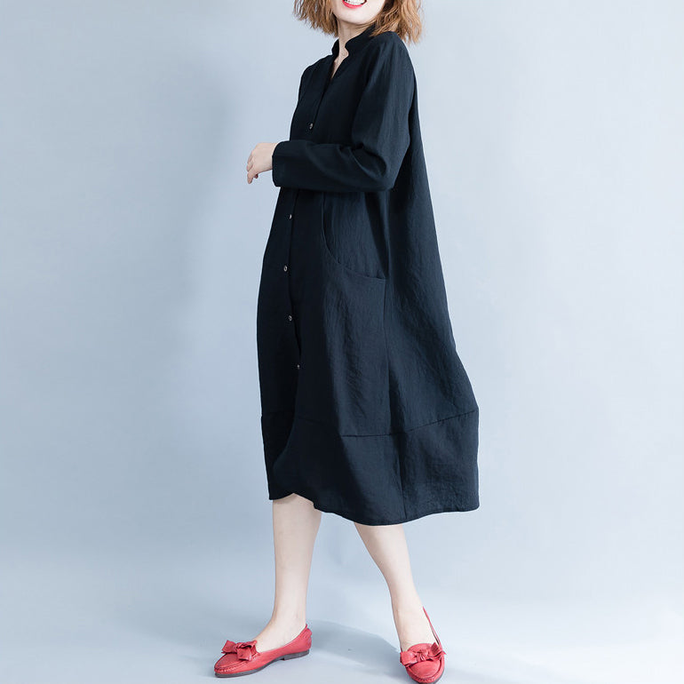 Stand Collar Cotton Tunics Wardrobes Black Oversized Dress