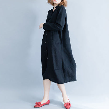 Stand Collar Cotton Tunics Wardrobes Black Oversized Dress