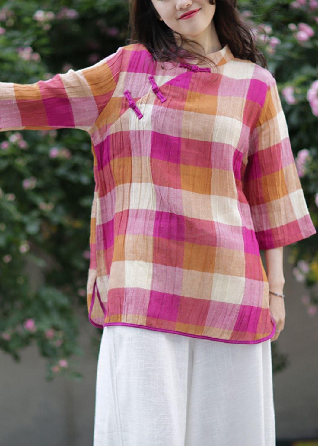 Stand Collar Linen Top Silhouette Sewing Blue Plaid Tops