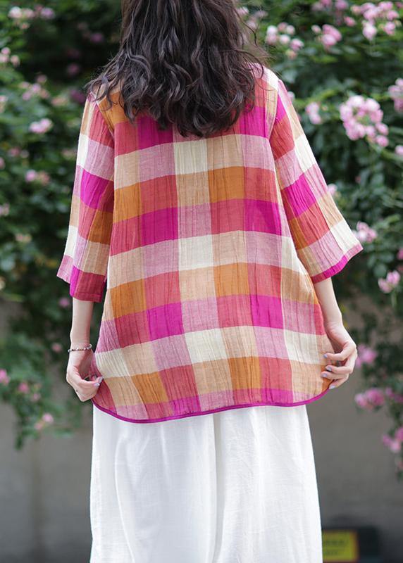 Stand Collar Linen Top Silhouette Sewing Blue Plaid Tops
