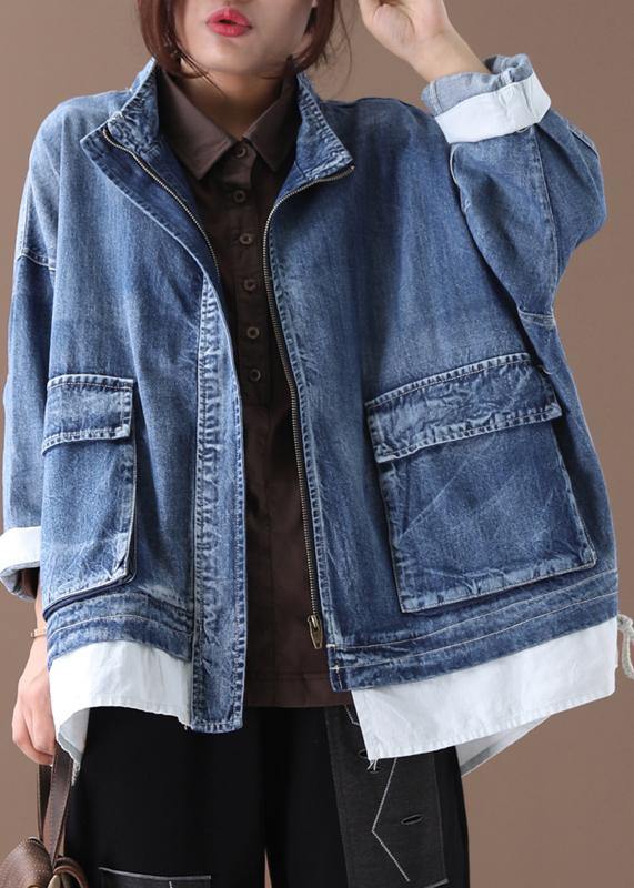 Stand Collar Zippered Fine Crane Coats Denim Blue Art Coats