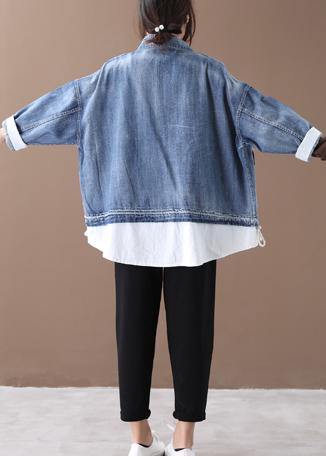 Stand Collar Zippered Fine Crane Coats Denim Blue Art Coats