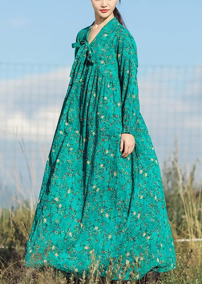 V Neck Long Sleeve Linen Clothes for Runway Green Print Dresses Summer